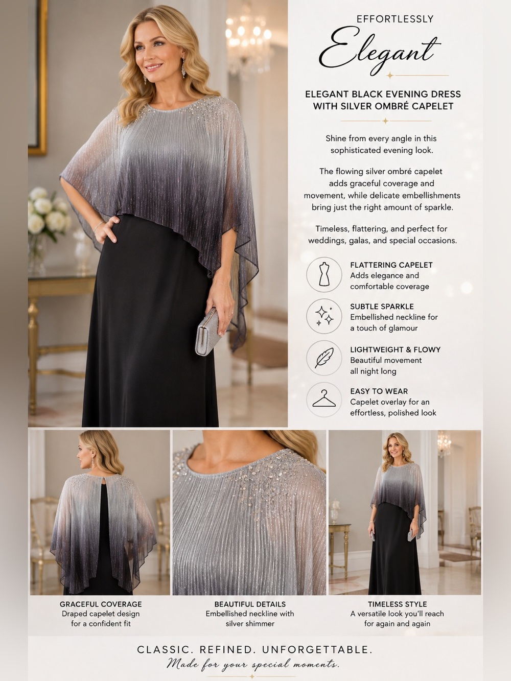 Elegant Black Evening Dress with Silver Ombre Capelet
